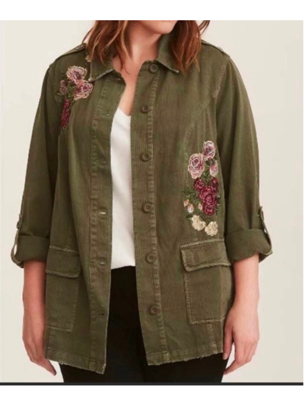 Torrid Olive Green Embroidered Floral Utility Shacket Jacket Plus Size 3X